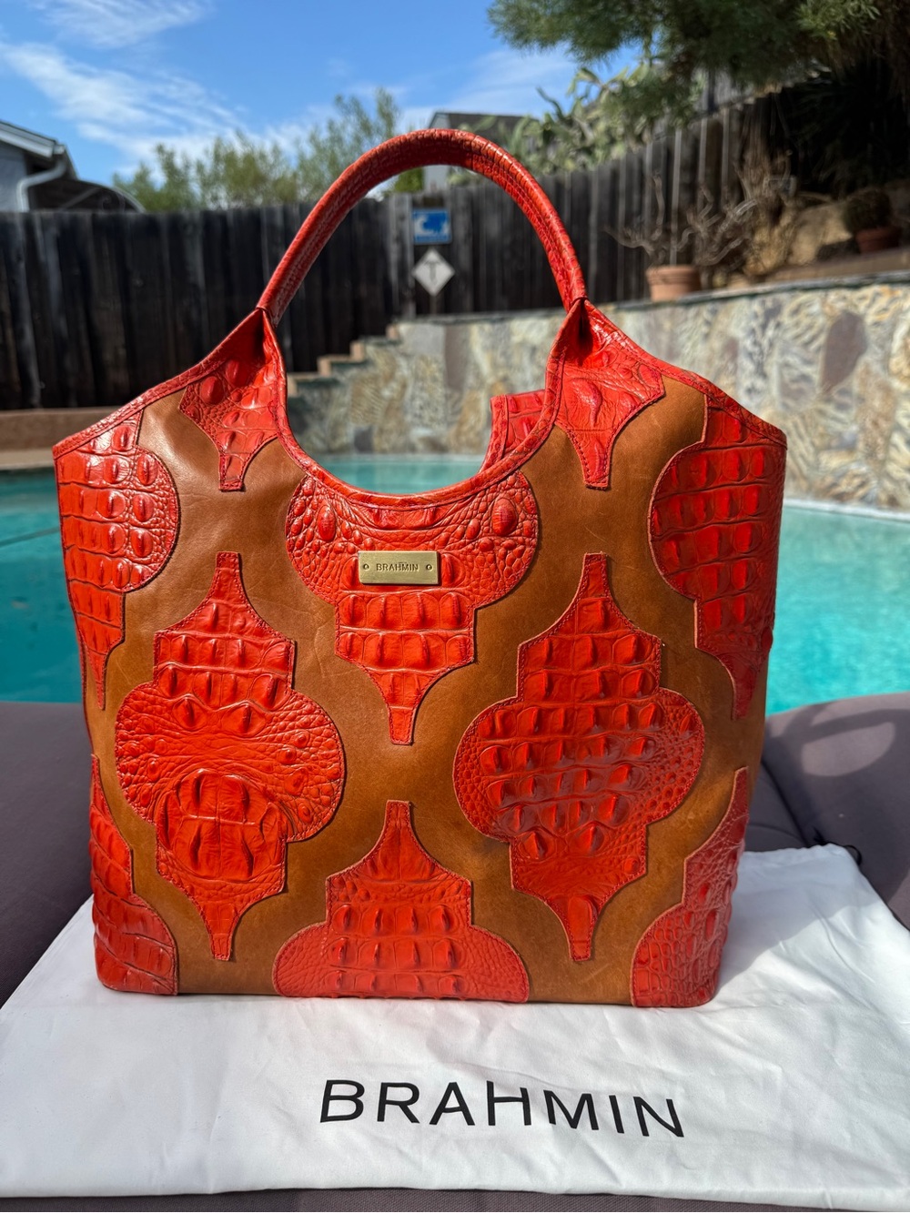 Brahmin Burnt Orange Croc Embossed Leather Extra Large Shopper Tote Bag w/Duster - Picture 2 of 16